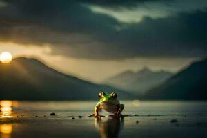 un' rana seduta su il riva di un' lago a tramonto. ai-generato foto