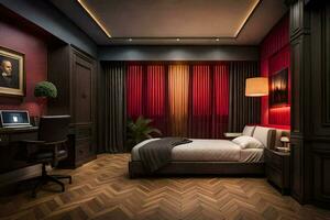 un' Camera da letto con rosso muri e legna piani. ai-generato foto