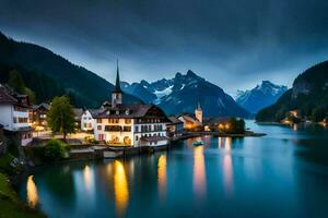 un' cittadina si siede su il bordo di un' lago a notte. ai-generato foto