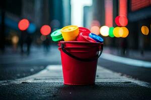 un' rosso secchio con colorato plastica tazze seduta su il strada. ai-generato foto