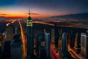 il impero stato edificio è illuminato su a tramonto. ai-generato foto