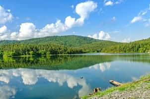 paesaggio della diga e del lago sulla montagna con alberi e foreste. foto