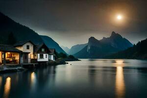 foto sfondo il Luna, lago, montagne, Casa, il Luna, il montagne, il lago. ai-generato