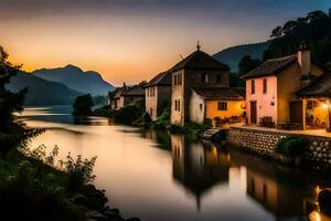 un' fiume corre attraverso un' villaggio a tramonto. ai-generato foto