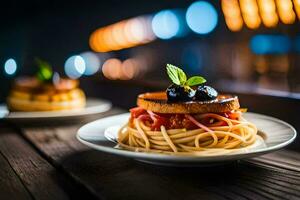 spaghetti con pomodoro e olive su un' piatto. ai-generato foto