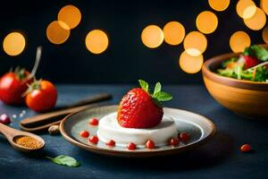 un' piatto di Yogurt con fragole e un' insalata su un' buio tavolo. ai-generato foto