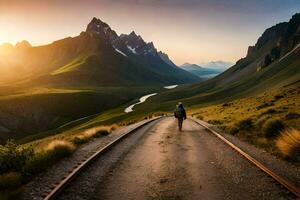 un' uomo passeggiate lungo un' strada nel il montagne. ai-generato foto