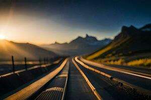 il sole è ambientazione al di sopra di un' treno traccia nel il montagne. ai-generato foto