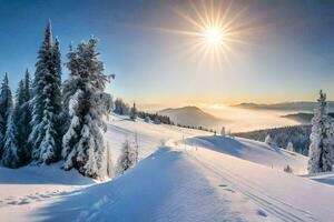 neve coperto alberi e il sole splendente al di sopra di il montagne. ai-generato foto