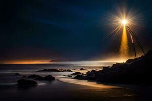 un' faro su il spiaggia a notte. ai-generato foto