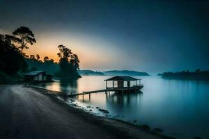 un' barca bacino si siede su il riva di un' lago a tramonto. ai-generato foto