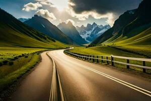 un' strada nel il montagne con un' sole splendente. ai-generato foto