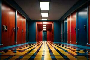 un' corridoio con colorato porte e un' a strisce pavimento. ai-generato foto