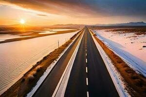 un' lungo strada con neve su il terra e il sole ambientazione. ai-generato foto