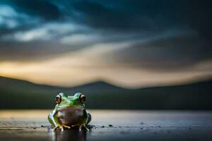 un' rana seduta su il terra nel davanti di un' lago. ai-generato foto
