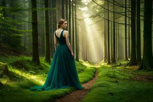 un' donna nel un' verde vestito in piedi nel il mezzo di un' foresta. ai-generato foto