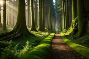 un' sentiero attraverso un' foresta con alberi e erba. ai-generato foto