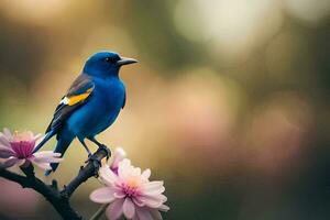 un' blu uccello si siede su un' ramo con rosa fiori. ai-generato foto