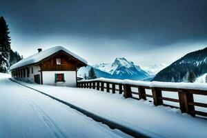 un' Casa nel il neve con montagne nel il sfondo. ai-generato foto