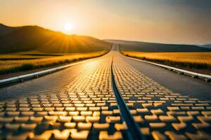 un' lungo strada con il sole ambientazione dietro a esso. ai-generato foto