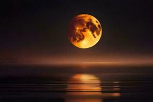 il Luna è riflessa nel il acqua come esso sorge al di sopra di il orizzonte. ai-generato foto