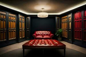 un' camera con rosso pelle sedie e un' nero e bianca ottomano. ai-generato foto