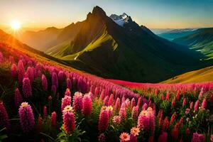 il sole sorge al di sopra di il montagne e il fiori fioritura. ai-generato foto