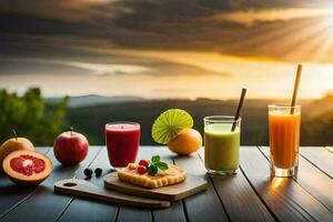 fresco frutta e succo su un' di legno tavolo. ai-generato foto