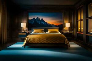un' Camera da letto con un' montagna scena su il parete. ai-generato foto