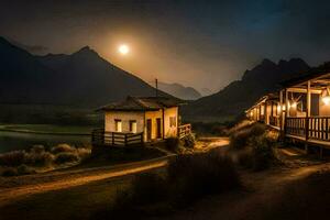 foto sfondo il Luna, notte, il montagne, il lago, il Casa, il luna,. ai-generato