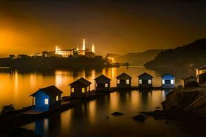 un' lago con case su esso a notte. ai-generato foto