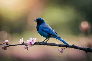 un' blu uccello si siede su un' ramo con rosa fiori. ai-generato foto