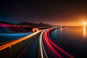 un' lungo esposizione foto di un' autostrada a notte. ai-generato