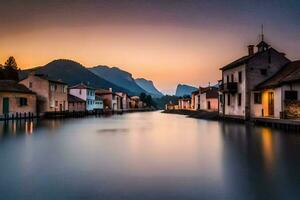 un' fiume corre attraverso un' cittadina a tramonto. ai-generato foto