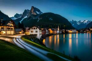 foto sfondo montagne, il notte, lago, case, il Alpi, Austria, il. ai-generato