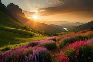 il sole sorge al di sopra di un' campo di fiori selvatici nel il montagne. ai-generato foto