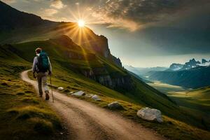 un' uomo passeggiate su un' sentiero nel il montagne. ai-generato foto