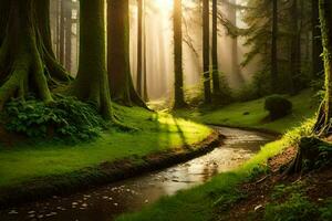 un' ruscello corre attraverso un' foresta con alberi e raggi di sole. ai-generato foto