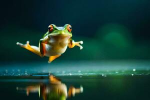 un' rana salto su di il acqua. ai-generato foto