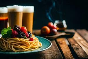 un' piatto di spaghetti con frutti di bosco e un' bicchiere di birra. ai-generato foto