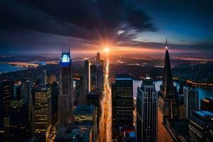 il sole imposta al di sopra di il città orizzonte. ai-generato foto