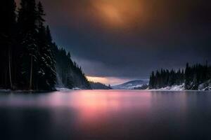 un' lago nel il neve con alberi e un' buio cielo. ai-generato foto