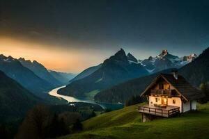 un' piccolo cabina nel il montagne a tramonto. ai-generato foto