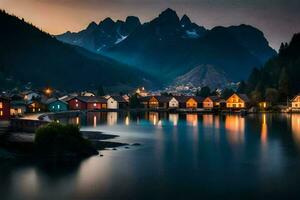 un' lago e case nel il montagne a notte. ai-generato foto