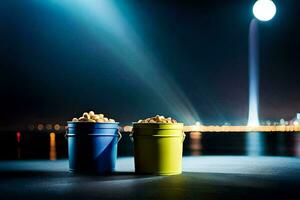 Due benne di Popcorn seduta su un' tavolo nel davanti di un' città a notte. ai-generato foto