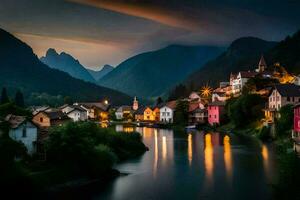 foto sfondo il cielo, montagne, fiume, cittadina, notte, slovenia, Europa. ai-generato