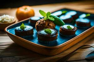 un' blu piatto con cioccolato cupcakes e un' cucchiaio. ai-generato foto