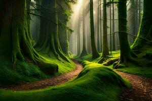 un' sentiero attraverso un' verde foresta con muschioso alberi. ai-generato foto