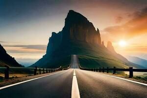 un' strada principale per un' montagna a tramonto. ai-generato foto