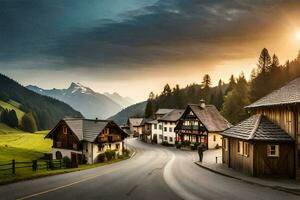 un' villaggio strada nel il montagne a tramonto. ai-generato foto